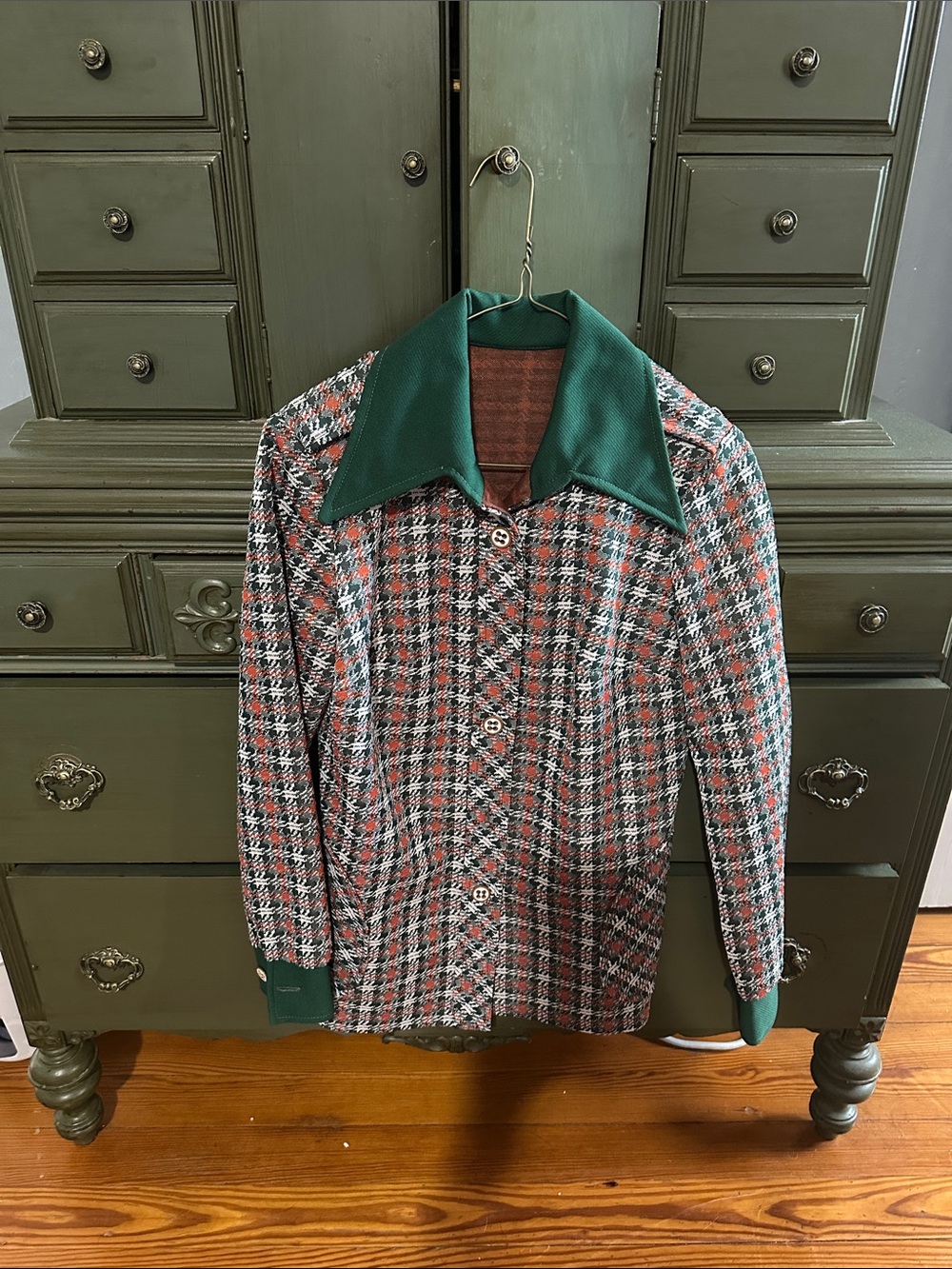 Vintage Green Collar Plaid Button-Down Shirt